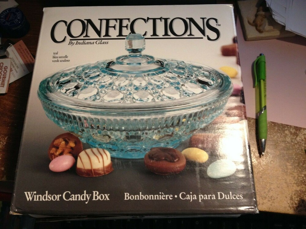 Vintage Confections By Indiana Glass Windsor Teal Candy Box New Old Stock In Box
